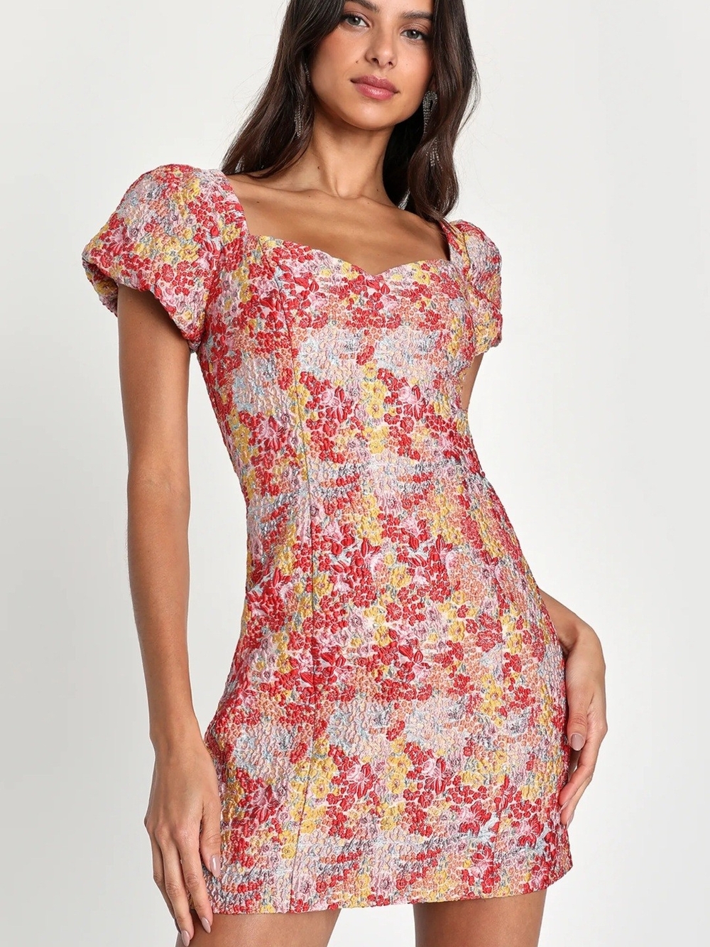 Lulu's Red Floral Sweetheart Puff Sleeve Mini Dress